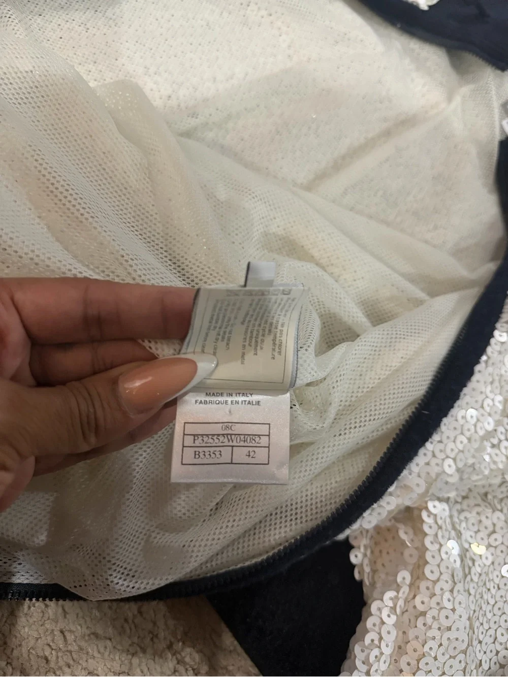 CHANEL 08C Sports White Sequin Track Jacket Black Trim Size FR 42 Vintage